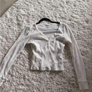 TNA Long-Sleeve Waffle Henley Top in Off-White